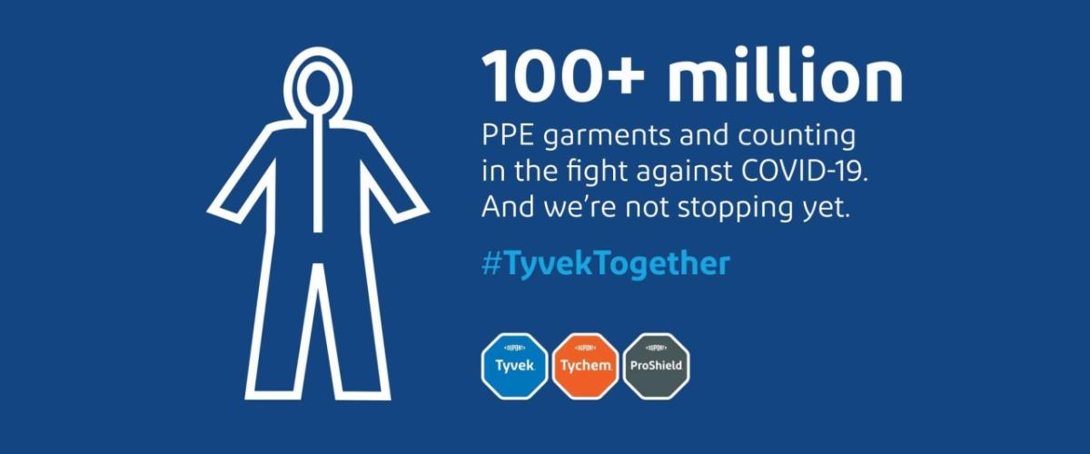 Outline of a person with data to the right "100+ million PPE garments and counting in the fight against COVID-19. And we're not stopping yet. #TyvekTogether