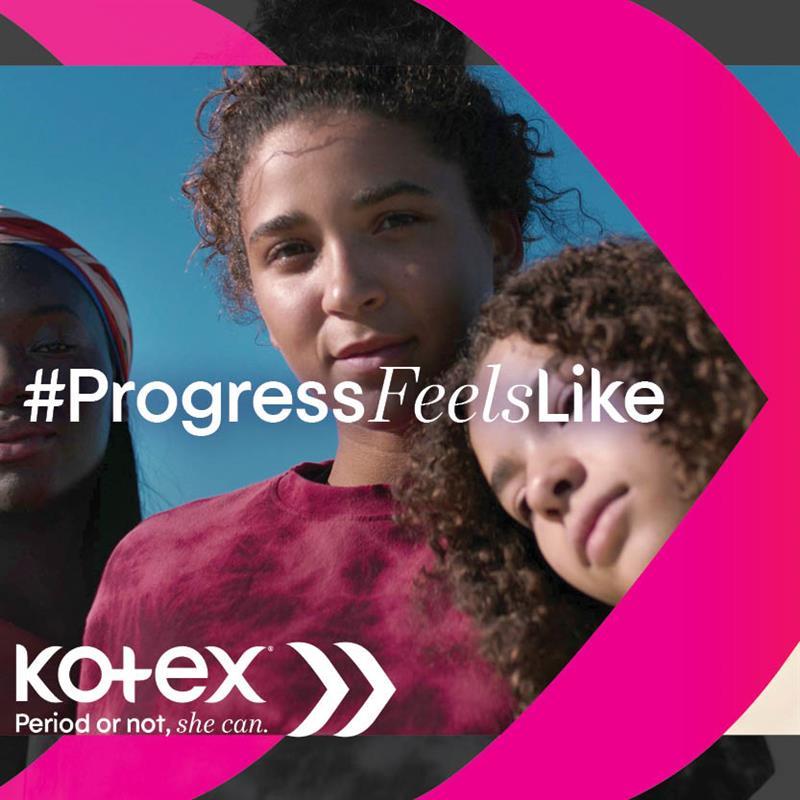 two people with #ProgressFeelsLike in white text and kotex logo