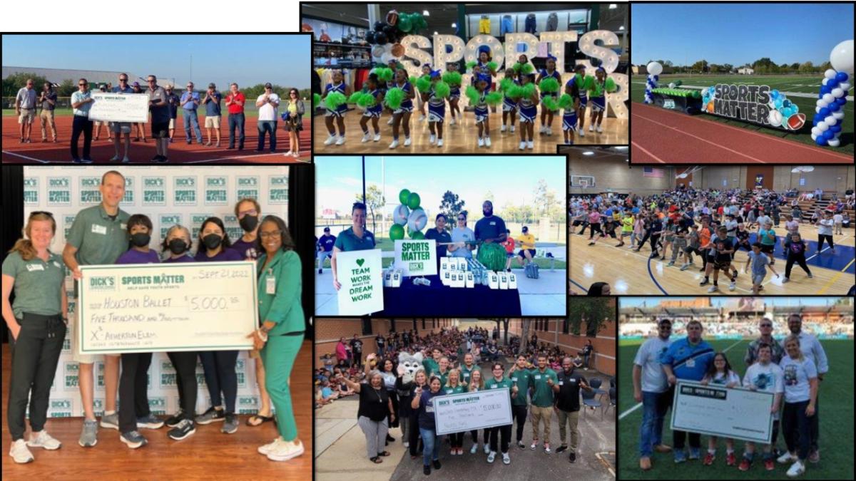 Collage of images of DICK's employees volunteering and posing for group photos