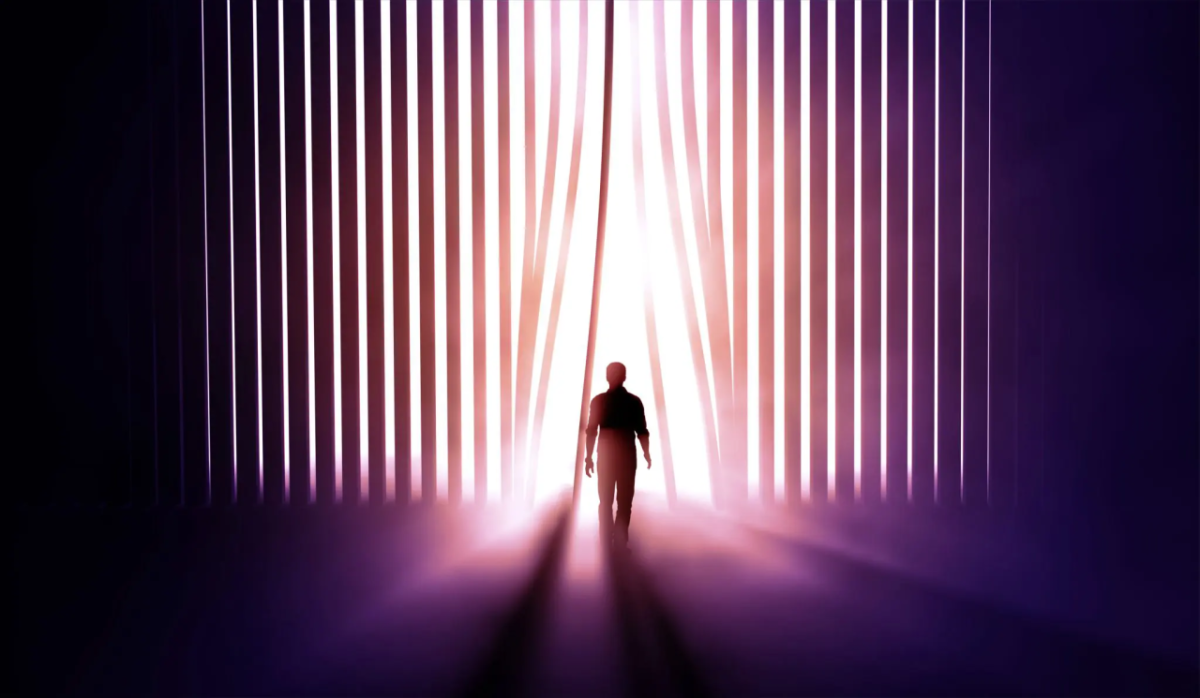A silhouette of a person walking through vertical panels into light