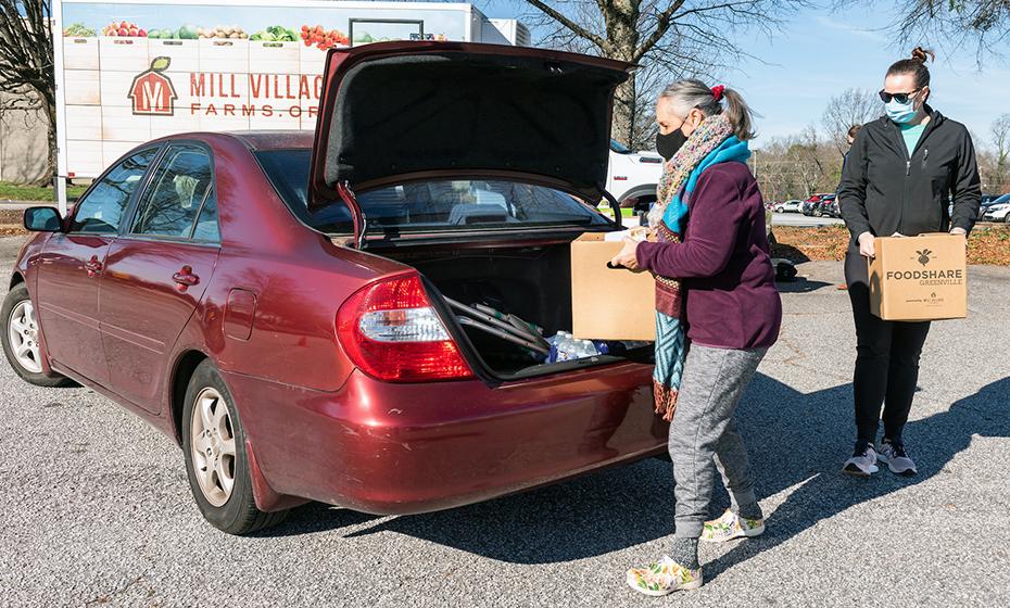 A recent Mill Village Farms drive-through FoodShare Box distribution in Greenville, S.C.