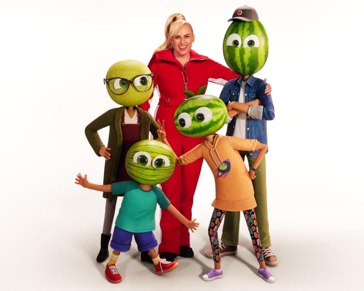 Rebel Wilson with four digital animated characters with melons for heads.