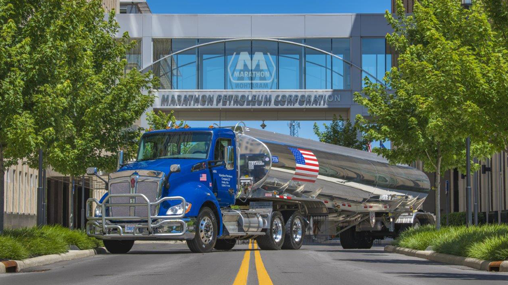 A shiny truck parked across the road, in front of Marathon Petroleum Corporation