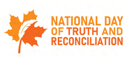 In orange "National day of truth and reconciliation" an orange maple leaf with a feather in the center.