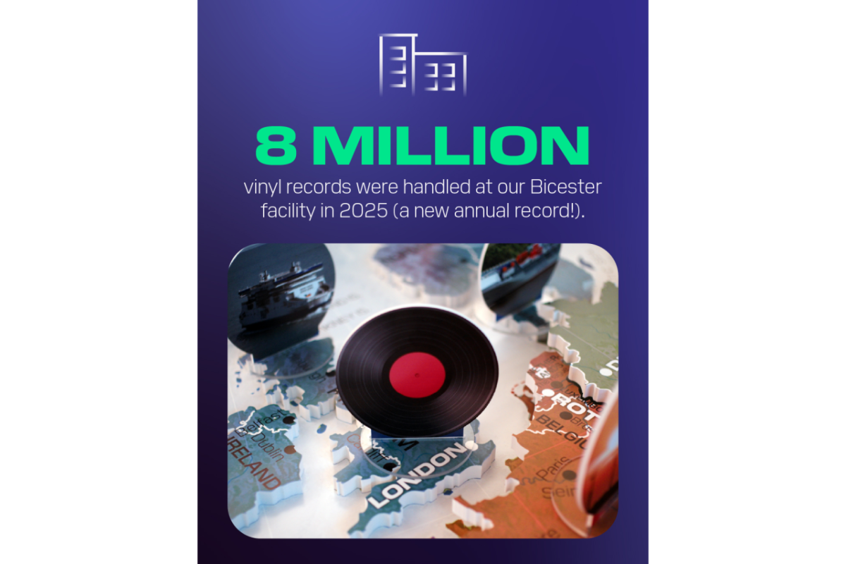 DP World Graphic with text display that reads "8 million vinyl records were handled at our Bicester facility in 2025 (a new annual record!)."