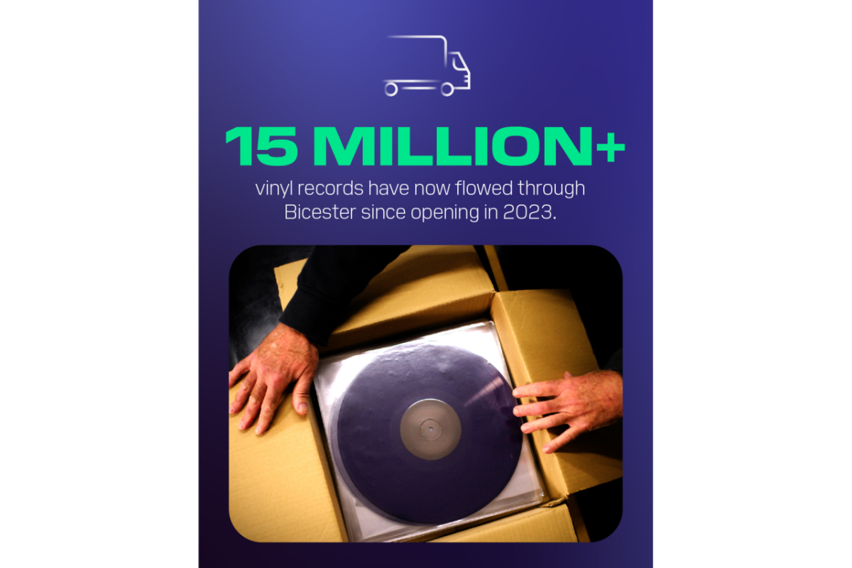 DP World Graphic with text display that reads "15 million+ vinyl records have not flowed through Bicester since opening in 2023."