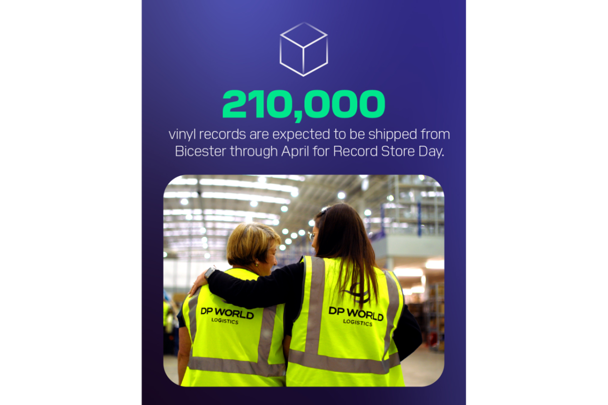 DP World Graphic with text display that reads "210,000 vinyl records are expected to be shipped from Bicester through April for Record Store Day."