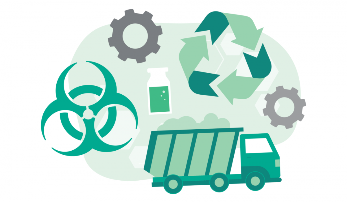 abstract icons of gears, a trash truck, recycling, biohazard