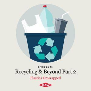 Illustration of a recycling bin with the text "Episode 15 Recycling & Beyond Part 2"