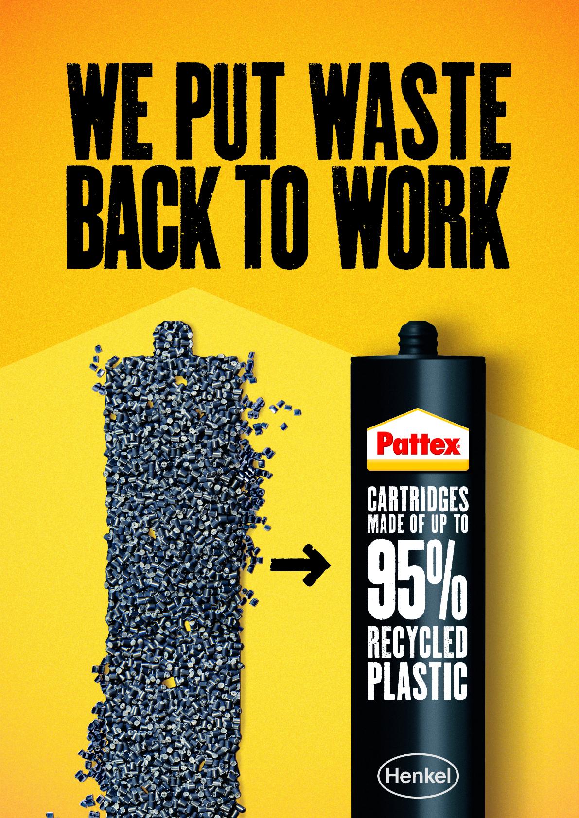 Image of a cartridge made up of 95% recycled plastic with the text "We put waste back to work" 