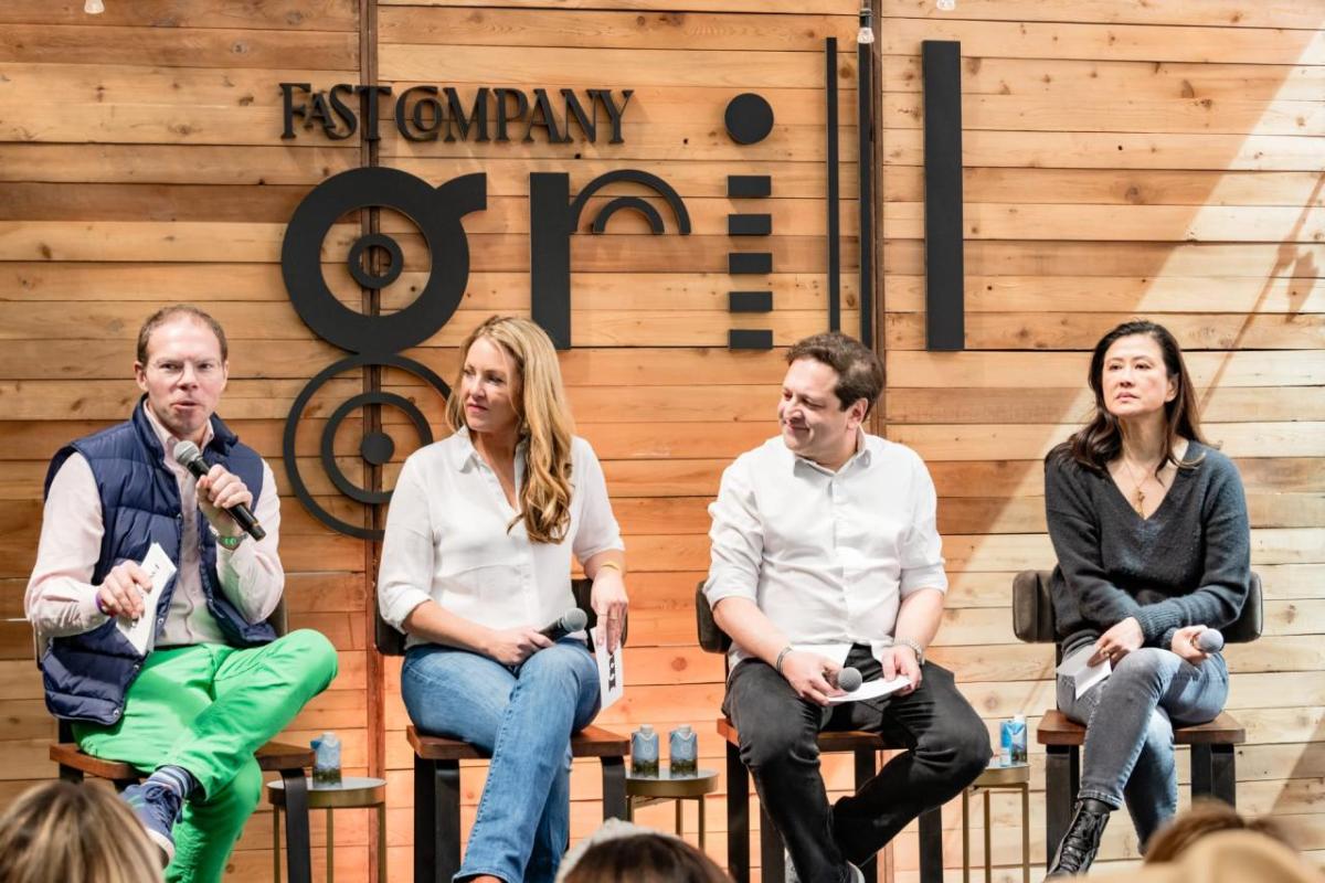 Moderator Greg Lindsay (left) led a conversation with Christina Zwicky of Revl Fruits/Ocean Spray, Tetra Pak’s Pedro Gonçalves, and BFY Capital’s Gigi Lee Chang. Image courtesy of Fast Company. " "
