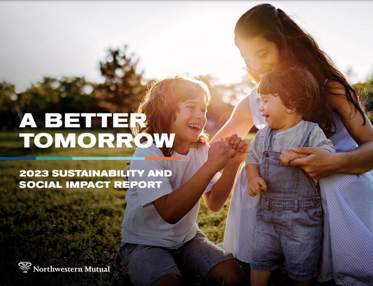 "A Better Tomorrow 2023 Sustainability And Social Impact Report" over the image of an adult and two children outside.