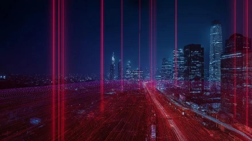 cityscape with vertical red lines