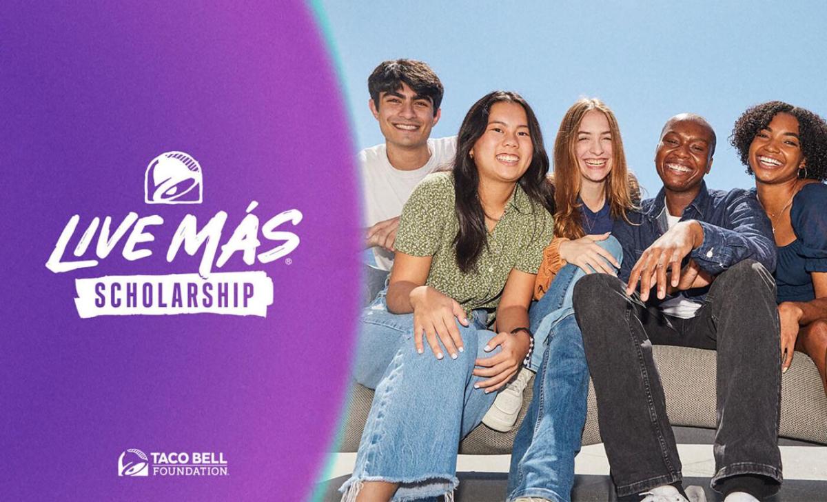 Five smiling people sitting on a bench. "Live Mas Scholarship" and taco bell logo on the left.