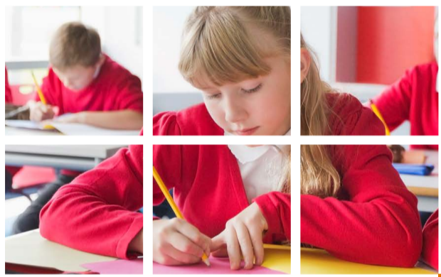 Students at desks writing on paper. A white grid overlaid.