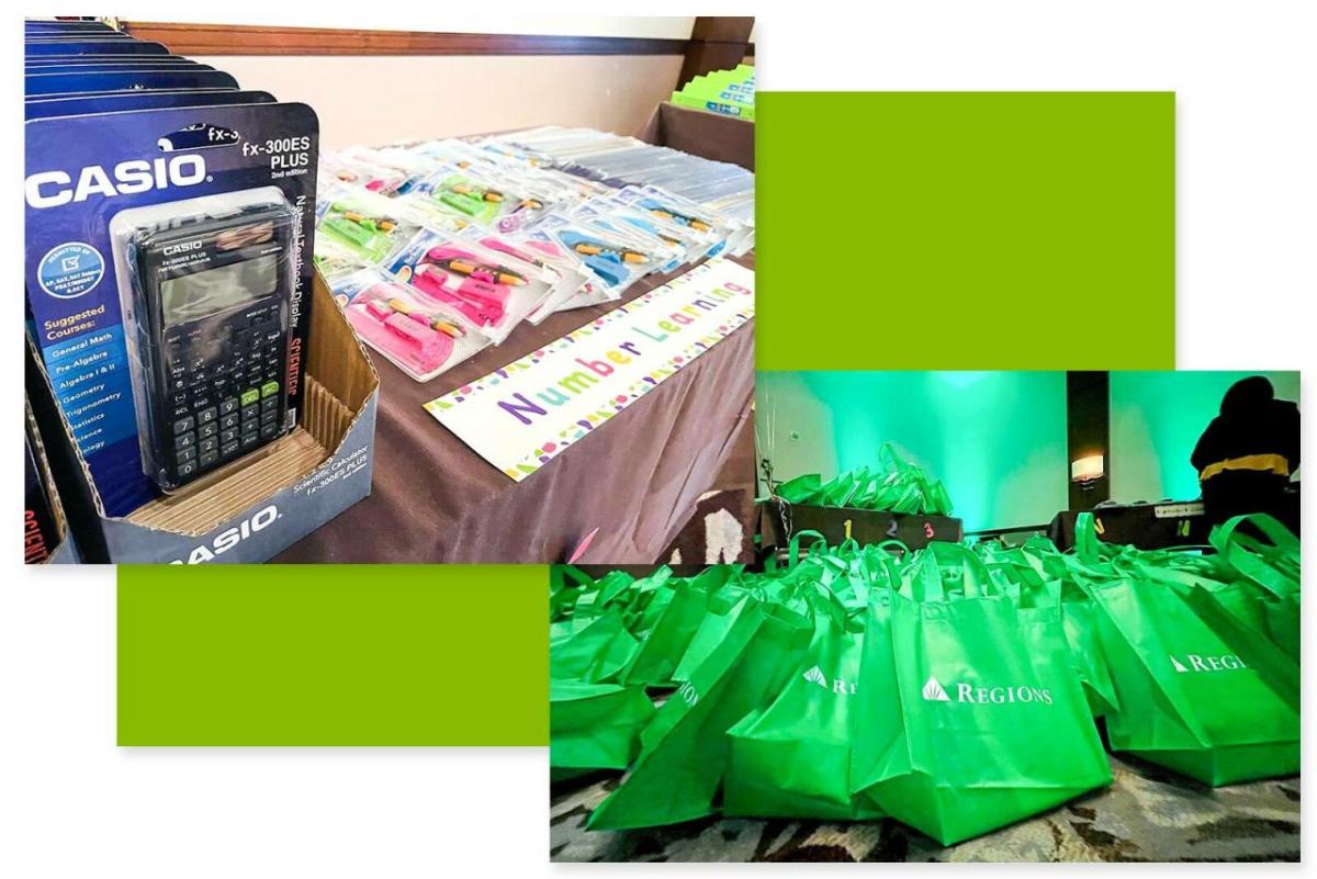 Collage of school supplies and green bags with "Regions" logo on the front.