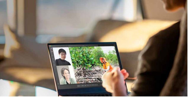 Ericsson Malaysia employees regularly volunteer their time to plant and care for mangrove trees for the Connected Mangroves project, which the Company has with the Kampong Dato Hormat community in Selangor, Malaysia since 2015. People in a meeting on a laptop screen