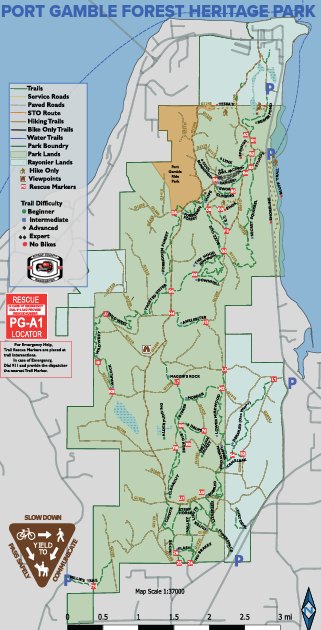map of Port Gamble forest heritage park and legend marking trails and mileage