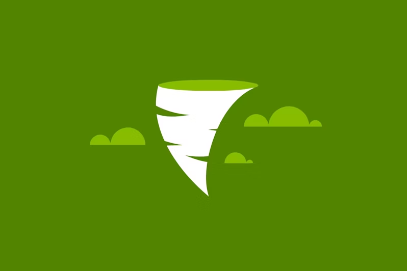 Graphic representation of a tornado and clouds