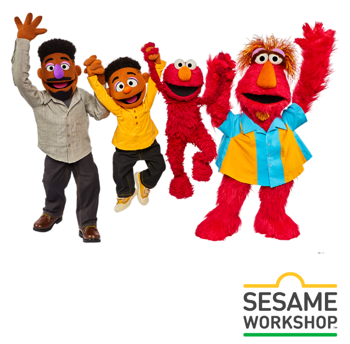 Four Sesame street puppets holding hands and jumping, Sesame Street logo in the bottom corner