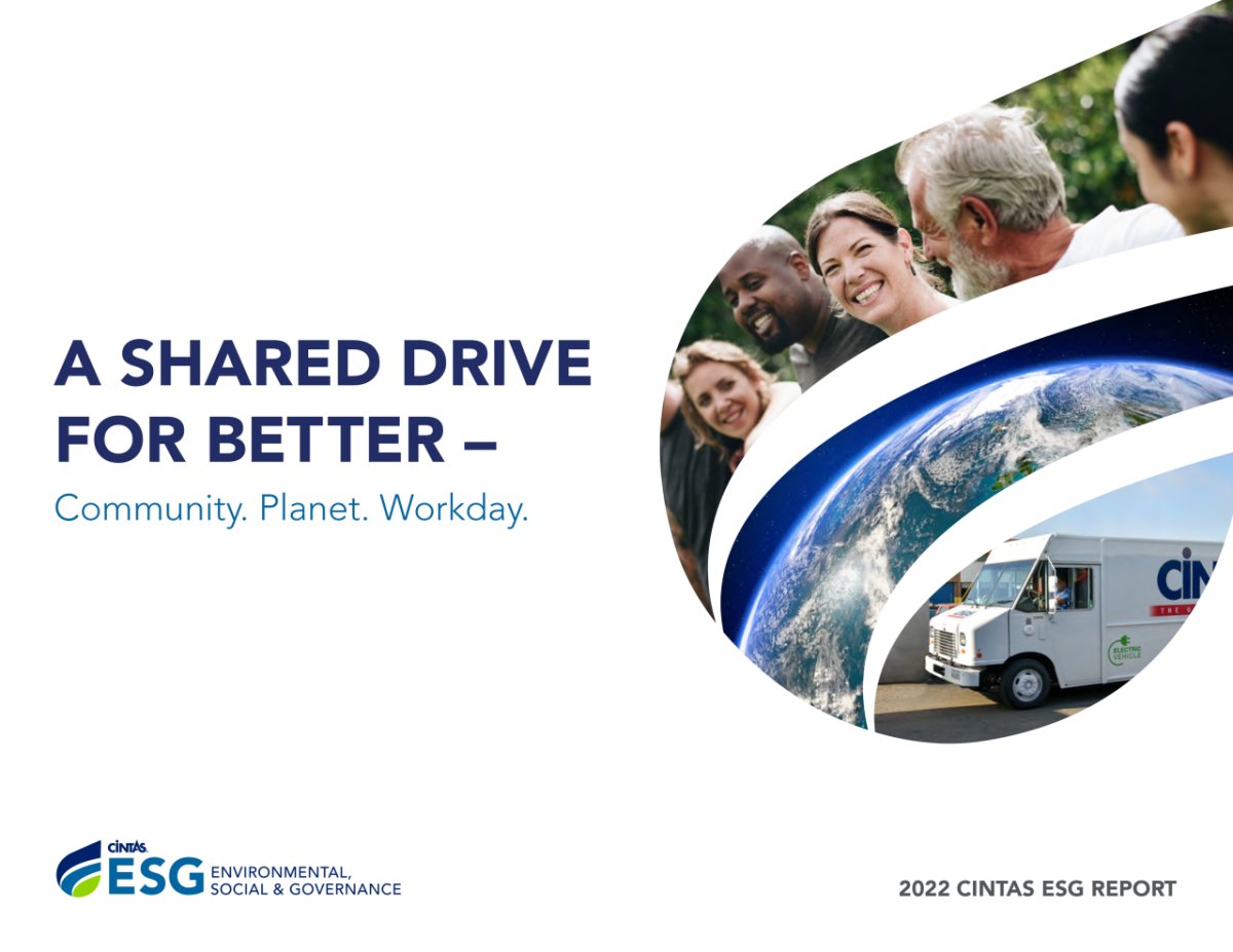"A shared drive for better - Community. Planet. Workday" 2022 Cintas ESG report. Logo in the bottom left corner. Collage of swooping pictures on the right; a group of smiling people, the earth from space, and a cintas delivery truck.