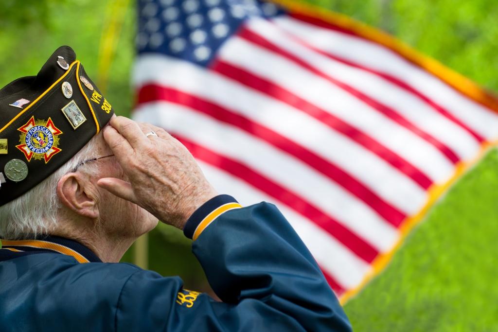 Veteran saluting the American flag.