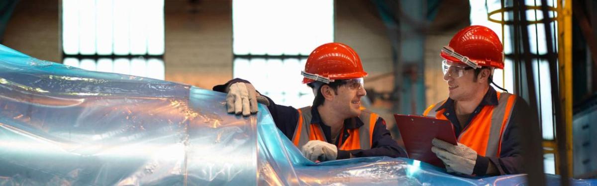 Two men wearing hard hats smiling