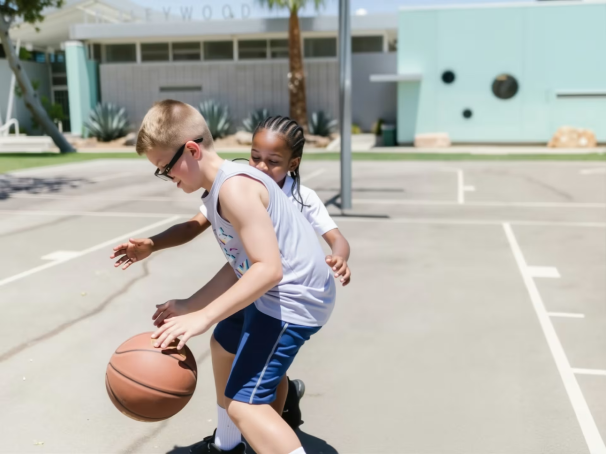 Two kids playing basketball