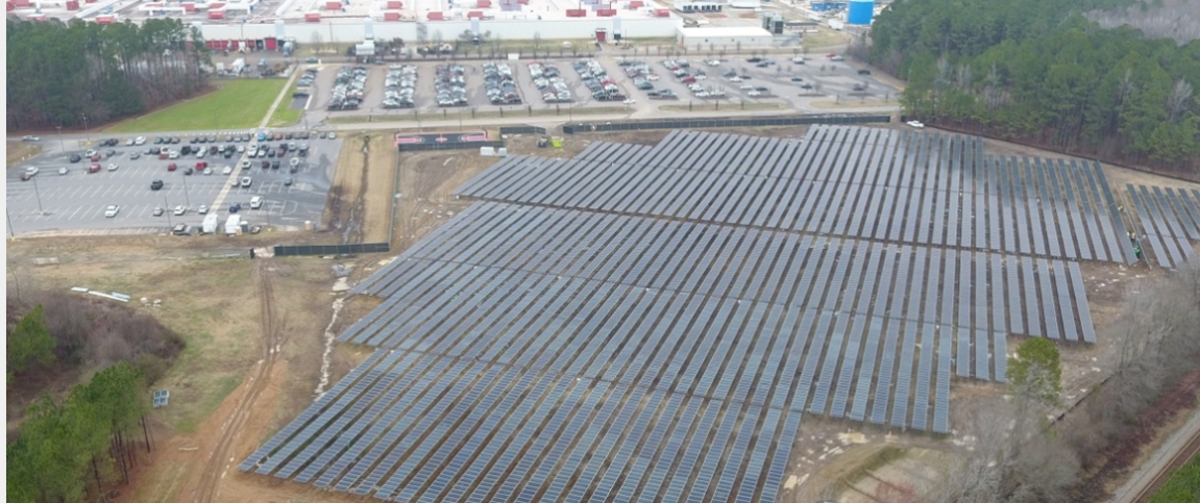 Aerial view of the new solar array at Cummins’ engine plant in Rocky Mount, North Carolina