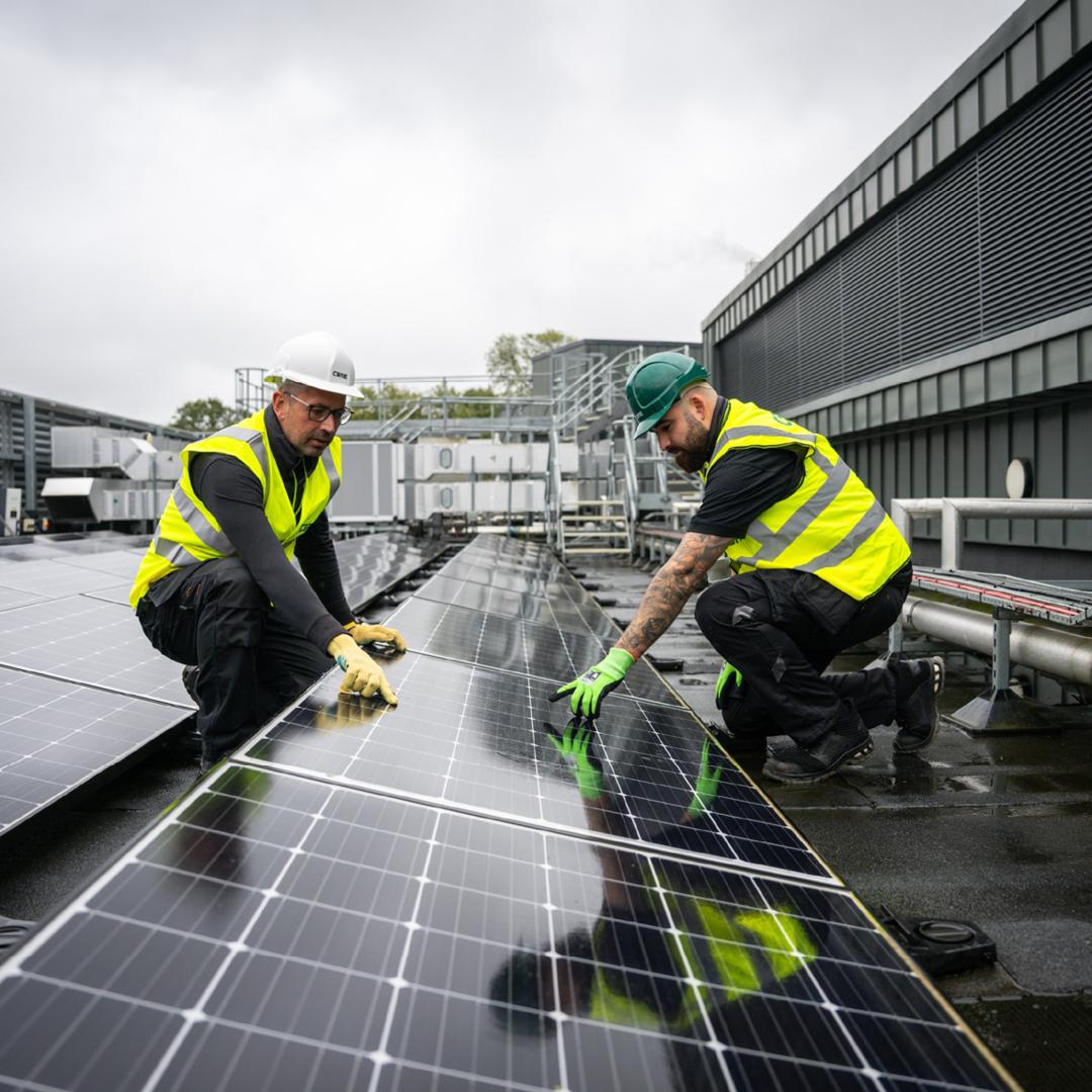 Two people in high-vis vests and hard hats pointing to a solar panel in a row of others outside.