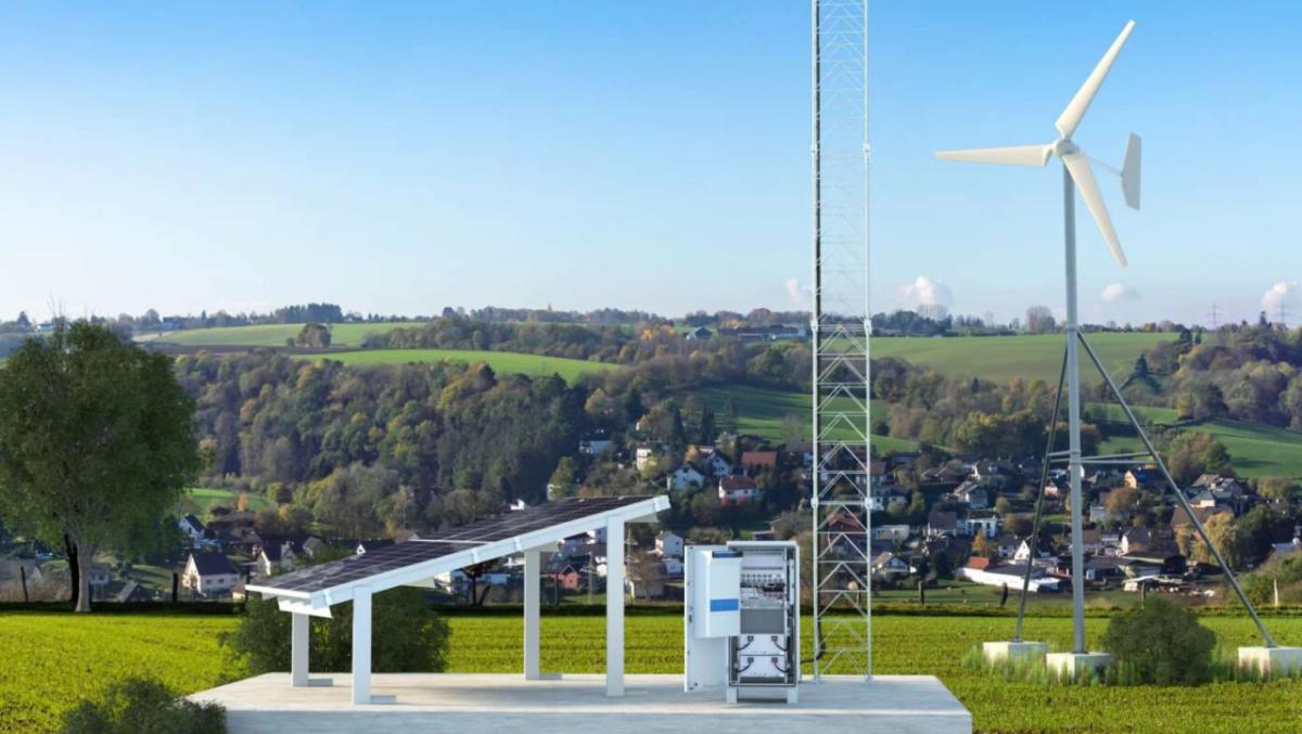 landscape focused on a solar panel and wind turbines