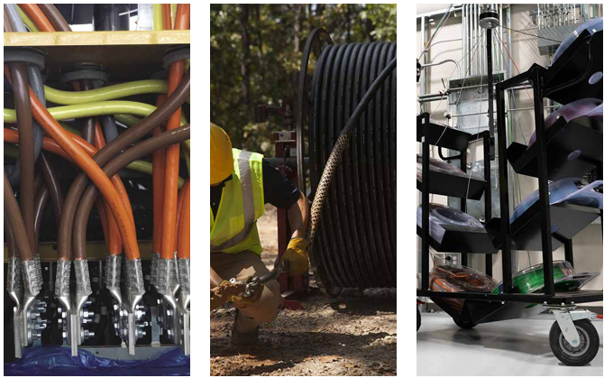 Collage of three photos: Cables connected to a device under a platform, a large coil of cable and a person next to it feeding it underground, and a metal rack with metal parts hanging on it.