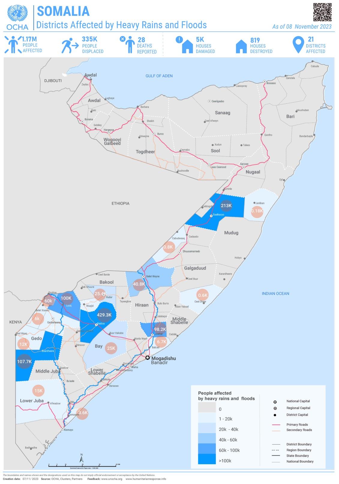 A map from the United Nations showing the impact of the floods in Somalia as of November 11, 2023.