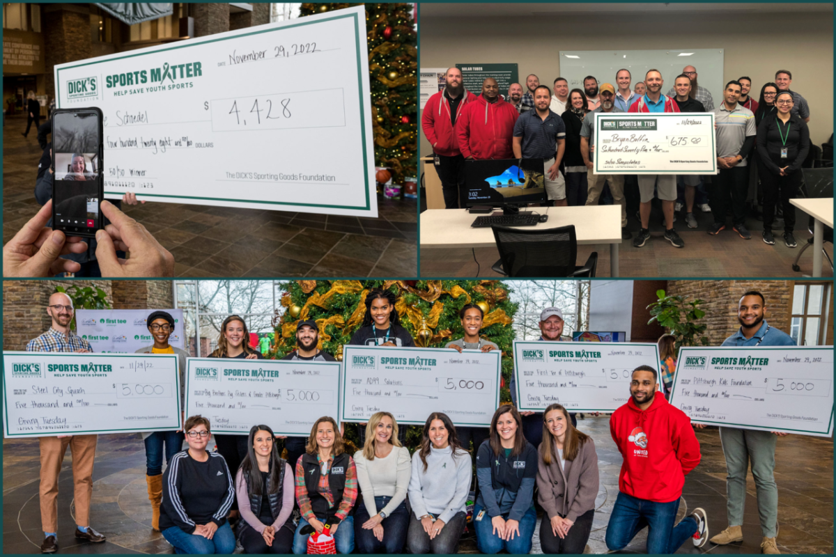 Collage of a large check, and different groups of people standing with it. 