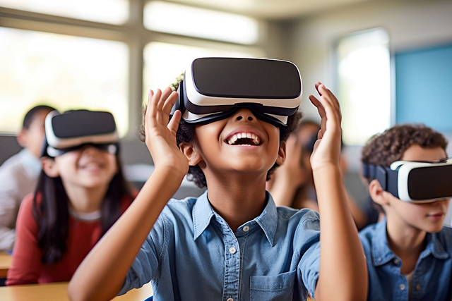 Students seated in a classroom using vr headsets
