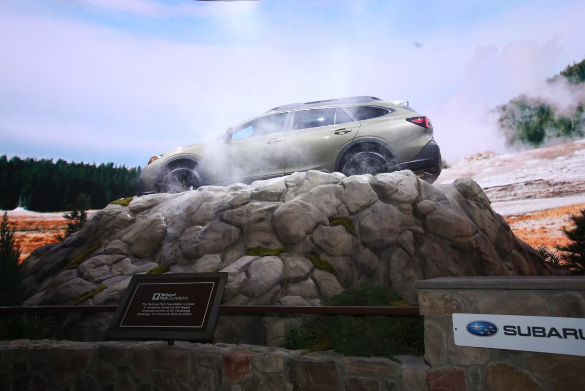 Subaru Outback showcased in an Old Faithful-inspired display at the 2019 New York International Auto Show. (Subaru of America) " "