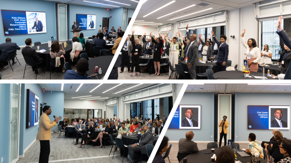 Collage of four photos of groups of people listening to speakers in a conference room.