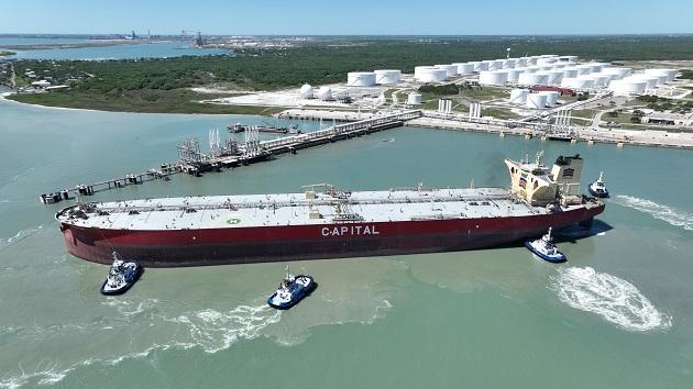 TOP PHOTO: The Amphion supertanker, owned by Capital Ship Management Corp., shown here at the Enbridge Ingleside Energy Center on April 13, 2024, became the 500th Very Large Crude Carrier (VLCC) safely loaded at the EIEC " "