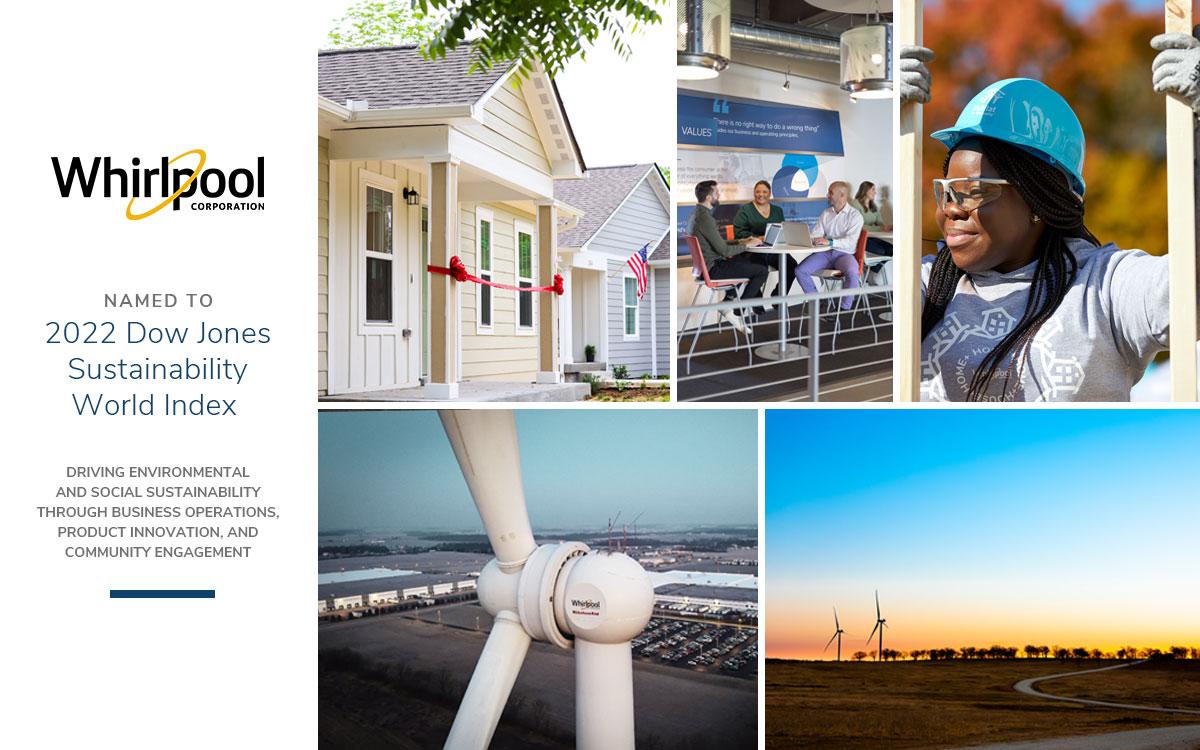 Whirlpool Logo and 2022 Dow Jones Sustainability World Index text with photos of houses and wind turbines