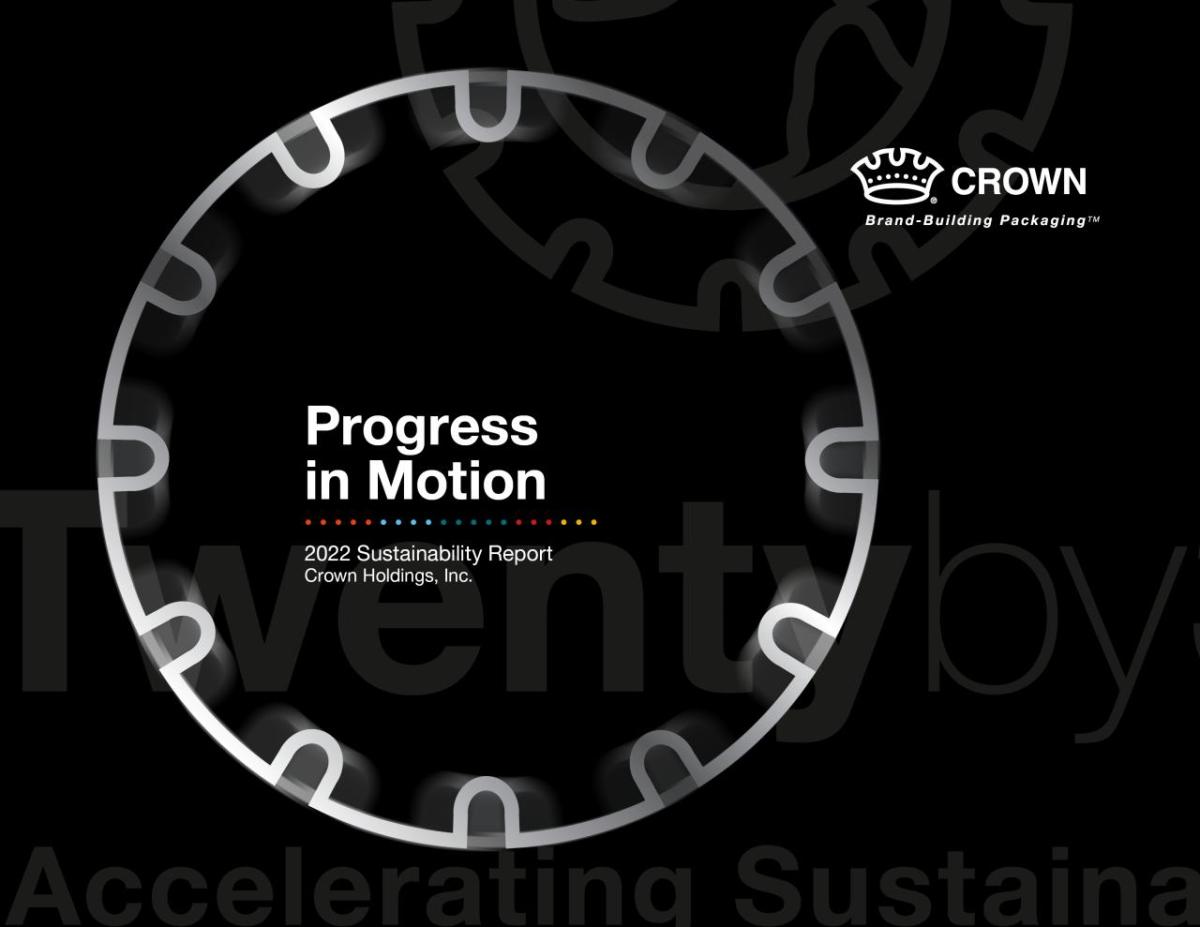 Crown logo and title page "Progress in Motion" 2022 Sustainability report.