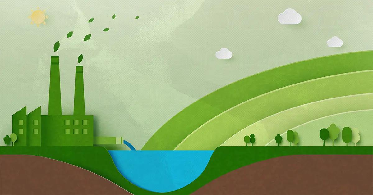 In the appearance of paper cut outs, a green factory next to a body of water and green hills.