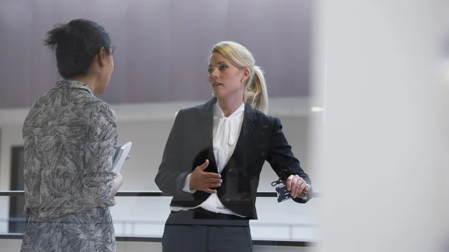 Two women talking in an office