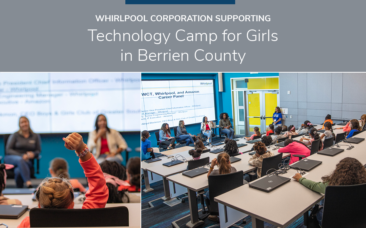 Whirlpool Corp Supporting Technology camp for girls on Berrien county. Collage of two photos of students in a classroom with presenters up front.