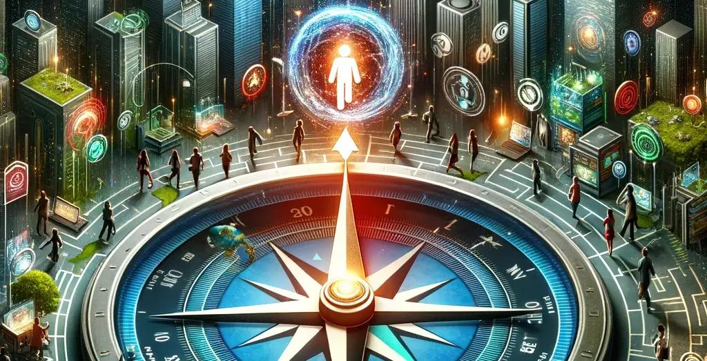 Artistic rendering of a large compass with people walking around it in a futuristic city landscape.