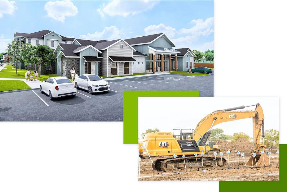 Two images: a digital rendering of the finished housing project, and a large construction machine behind standing shovels in dirt.