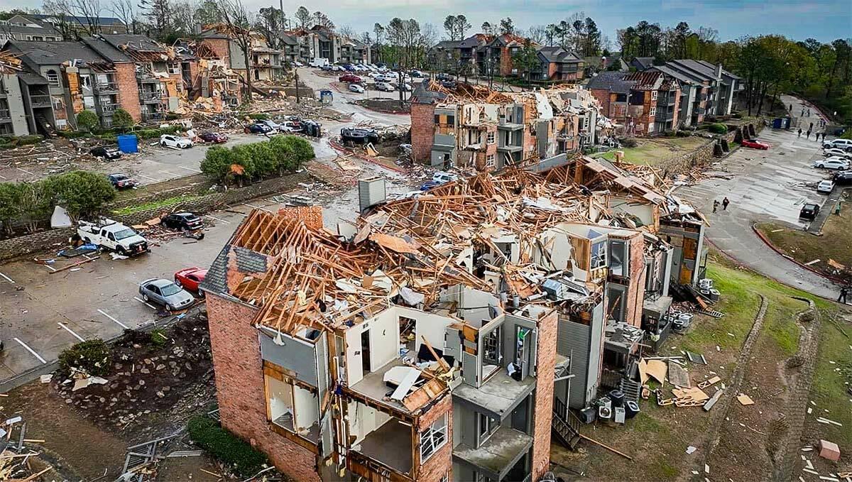 Aerial view of tornado damage in a residential area.