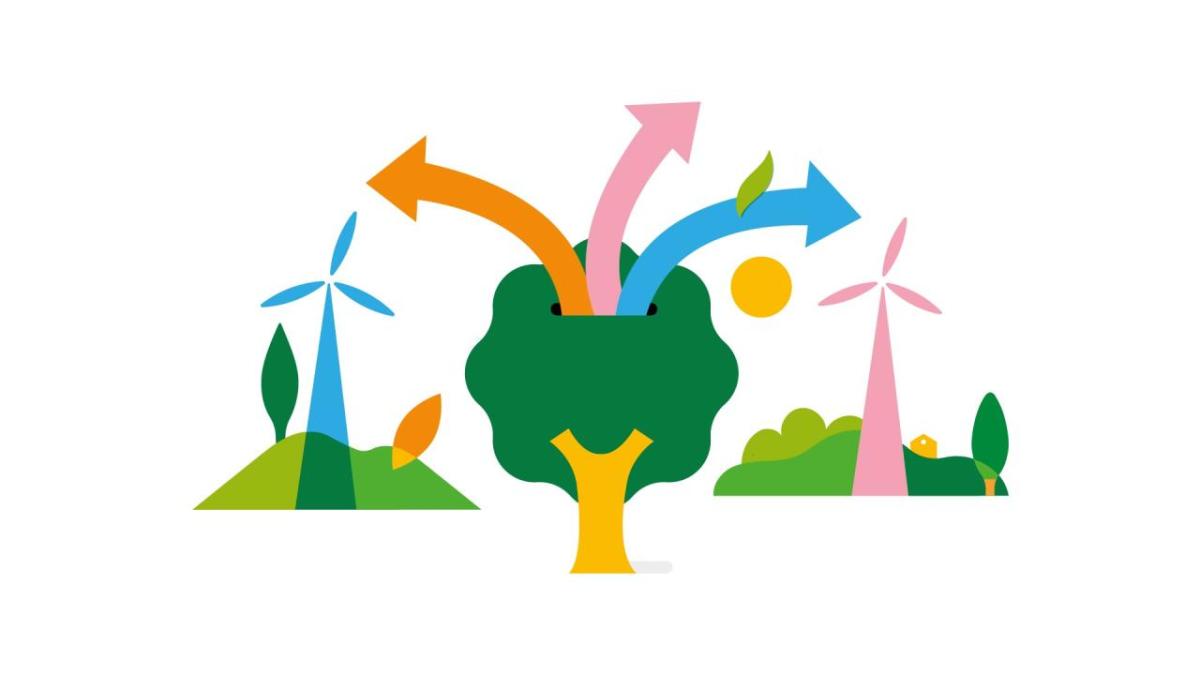 Abstract drawing of a tree with arrows emerging from the top. Wind turbines on the side