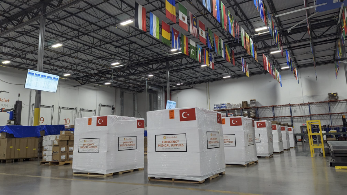 Emergency shipments for Turkey earthquake response are staged in Direct Relief's warehouse for shipment.