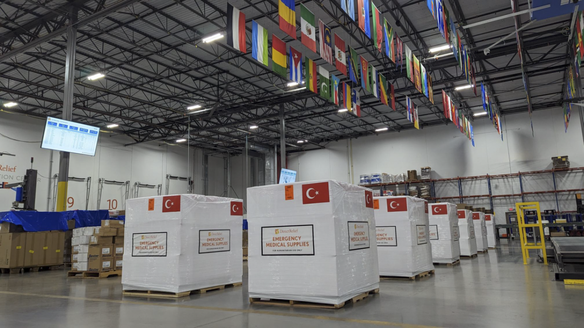 More than 100 field medic packs for Turkish search and rescue organization, AKUT, are staged for shipment from Direct Relief's warehouse on February 9, 2023. The shipment also contains 500 personal care kits for people who have been displaced from their homes after a devastating earthquake and aftershocks impacted the region. The shipment is the latest to depart for Turkey and shipments for Syria departed earlier this week. (Tony Morain/Direct Relief) Emergency shipments for Turkey earthquake response are staged in Direct Relief's warehouse for shipment.