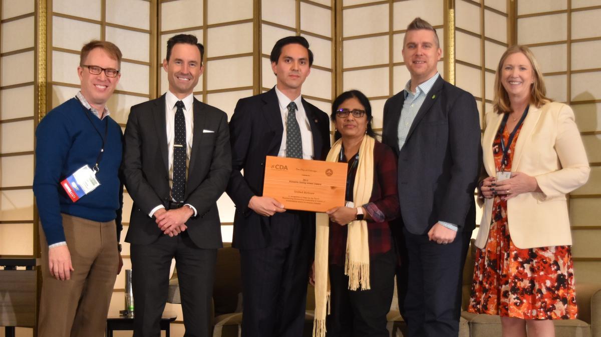 Seen here accepting United Airlines' 2019 Going Green Award are (left to right): Aaron Frame, deputy commissioner, environment and planning at Chicago Department of Aviation; Charles Hobart, United communications executive; Aaron Robinson, United environmental affairs; Mumtaz Taher, United procurement; Aaron Stash, United environmental affairs, and Nancy Kiernan, assistant commissioner, Chicago Department of Aviation.